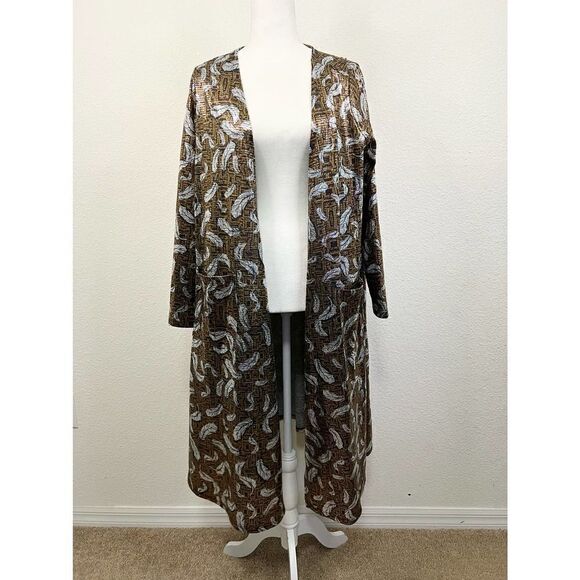 LULAROE Sarah Shiny Bronze Feather Open Front Long Sweater Duster Med Stretch - Picture 1 of 8